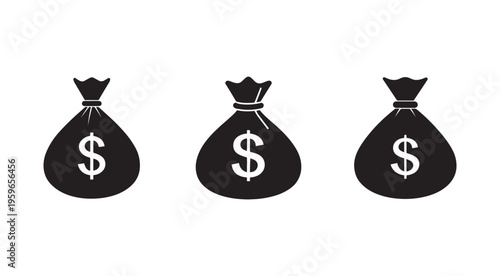 Three black money bags with dollar signs on white background for finance and business concepts  representing wealth and currency