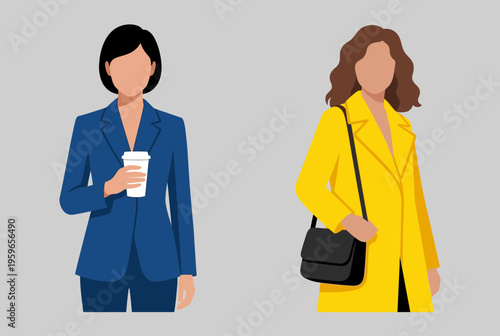 Stylish Businesswoman in Blue Suit Holding Coffee Cup and Woman in Yellow Trench Coat with Shoulder Bag, Modern Professional Outfits