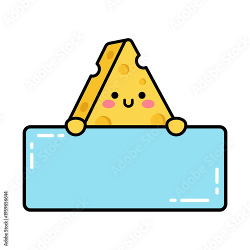 Cute Cartoon Cheese Character Holding Blank Blue Sign Board, Funny Kawaii Food Mascot with Happy Face for Message, Banner, Advertising and Sale Vector
