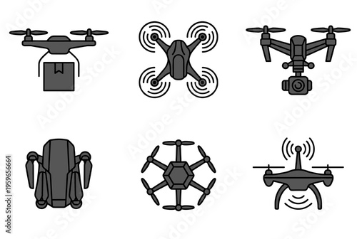 Modern Drone Technology Icons Set for Delivery, Aerial Photography and Surveillance, Different Types of Quadcopters and Hexacopters Vector Symbols Design