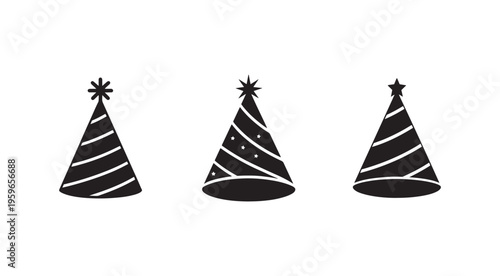 Three black party hats with white stripes and stars on top for celebrations and birthday festivities