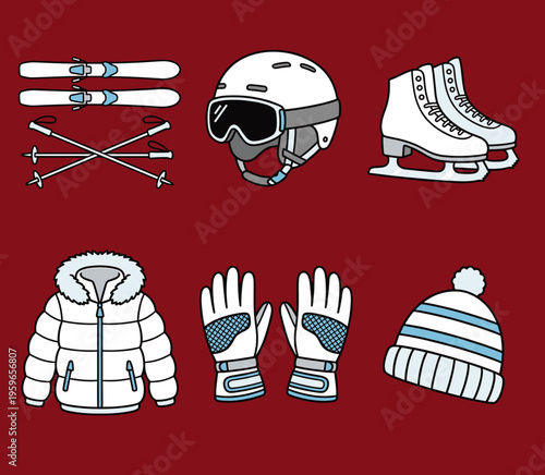 Winter Sports Equipment and Clothing Icons Set, Skiing Gear, Helmet, Ice Skates, Puffer Jacket, Gloves and Knit Hat Vector Illustration