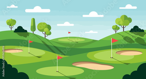 Minimalist Golf Course Landscape Vector Illustration with Green Hills, Sand Bunkers, Red Flags and Trees for Sports and Leisure Background