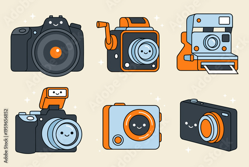 Retro and Modern Camera Mascot Collection, Cute Digital SLR, Vintage Film Camera, Instant Camera and Action Cam with Happy Faces Vector