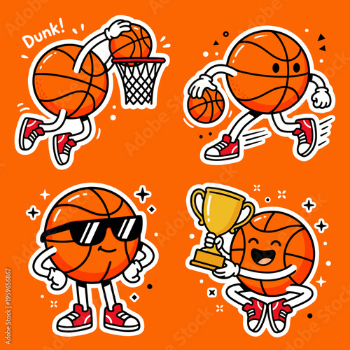 Cute Basketball Character Mascot Poses Set, Basketball Dunking, Dribbling, Wearing Sunglasses and Holding Winner Trophy Cup Vector Graphics