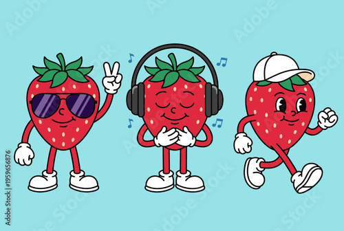 Funny Strawberry Character Mascot Poses, Cute Red Berry Listening to Music with Headphones, Walking and Making Peace Sign Vector Graphics
