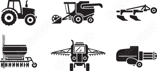 Agricultural Machinery Icon Set, Farm Tractor and Harvest Equipment Silhouettes