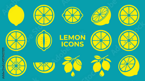 Large Collection of Yellow Lemon Fruit Icons and Slices Isolated on Turquoise Background, Citrus Food Symbols for Juice Drinks and Healthy Cooking