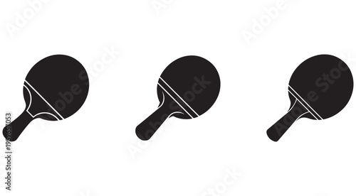 Three black ping pong paddles with white lines on white background for sports and games  table tennis equipment