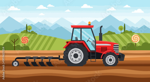 Red Farm Tractor with Plow Tool in Agricultural Field Landscape; Modern Flat Vector Illustration for Farming, Harvesting, and Rural Industry Concept