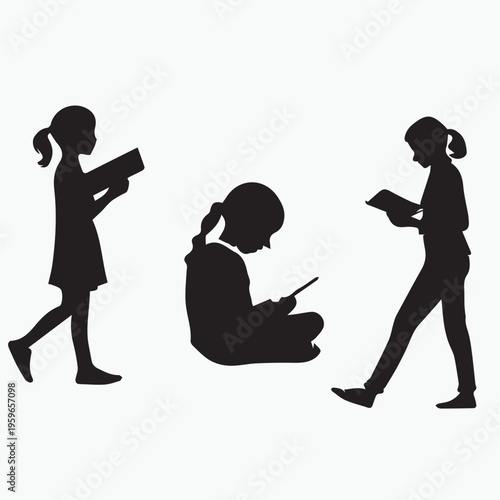 Black vector illustration featuring silhouettes of business people and a man with a gun alongside a family, a dancing woman, and a child to represent human evolution and person life stages