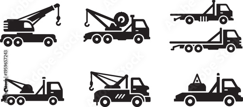 Tow Truck and Crane Vehicle Icons - Roadside Assistance and Construction Machinery Vector Set