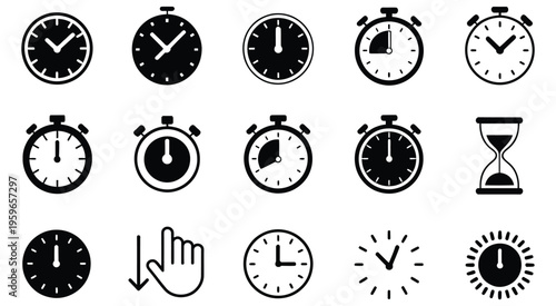Time tracking and schedule icons, alarm clocks and hand gesture symbols, flat and line vector illustration