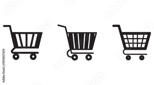 Three black shopping cart icons in different styles on white background for business and ecommerce concepts  various shopping cart designs