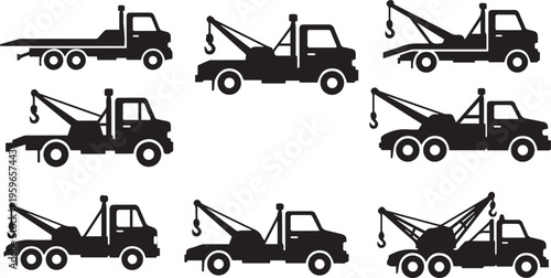 Tow Truck and Recovery Vehicle Black Silhouette Vector Icon Set