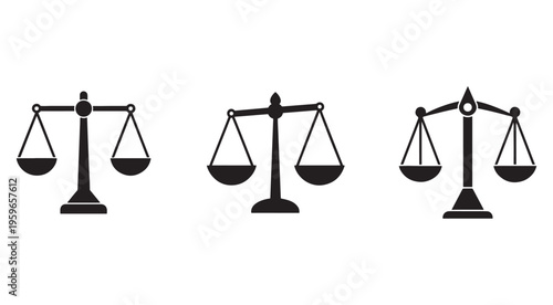 Three black scales icons with different balance positions on white background  law and justice symbols