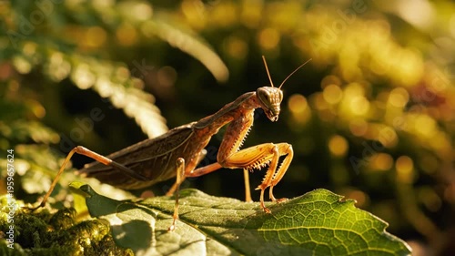 Praying mantis sits on a green leaf with its raptorial forelegs ready to strike in nature with blurred background