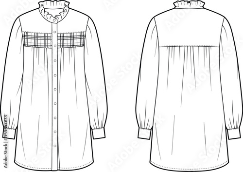 Long sleeve blouse technical sketch, ruffled collar, button front, gathered yoke, fashion flat, tunic design, garment illustration
