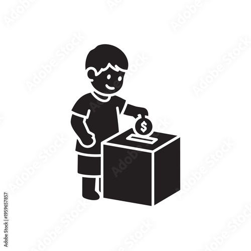 Young boy deposits a single dollar coin into a large charity collection box.