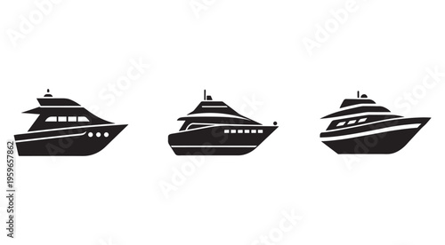 Three black silhouette cruise ships or yachts with modern design and white details on white background  side views of luxury boats