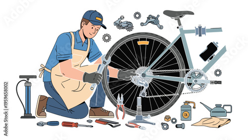 Bicycle Mechanic at Work: A skilled bicycle mechanic meticulously repairs a bicycle, surrounded by tools and equipment, reflecting dedication to craftsmanship.