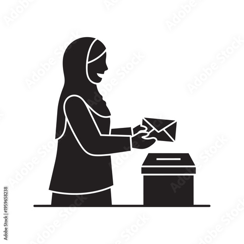 Muslim woman wearing hijab casts her ballot into a dark voting box.