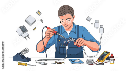 Technician at Work: A skilled technician, meticulously soldering electronic components, embodies precision and expertise in the realm of technology. 