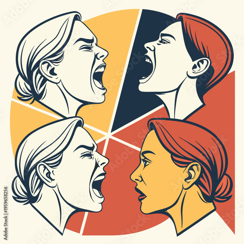Four female faces in profile shouting at each other within a segmented circle design showing emotional tension and intense interpersonal communication
