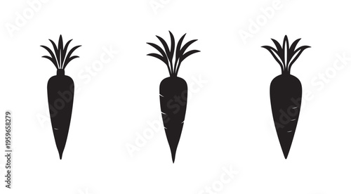 Three black silhouettes of carrots with green tops on white background  vegetable icons