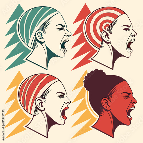 Pop art set of screaming female profiles with lightning bolt backgrounds and colorful patterns used for expressing intense fury and vocal protest