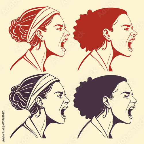 Four different profile views of women with various hairstyles and skin tones screaming with their mouths wide open expressing anger
