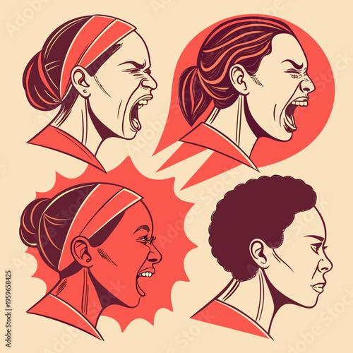 Four different profile views of women with various hairstyles and skin tones screaming with their mouths wide open expressing anger