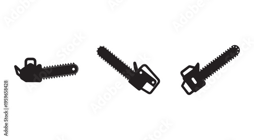 Three black silhouettes of chainsaws in different positions on white background  construction tools  equipment