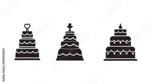 Three black silhouettes of decorated wedding cakes with heart and birdcake toppers on white background