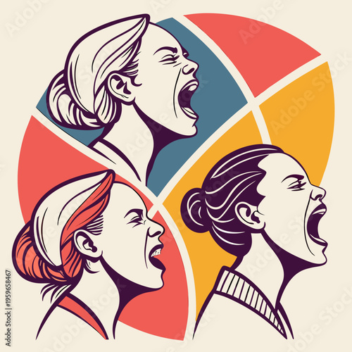 Group of women heads in profile shouting with mouths wide open against a colorful geometric background representing social activism and female voices