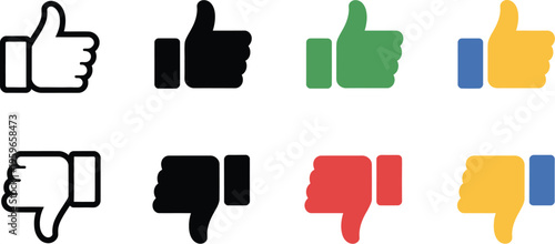 Thumbs up icon, thumb down symbol, like button finger up vector illustration, dislike sign, approve pictogram, hand finger emoji, positive and negative vote concept, flat and line vector design