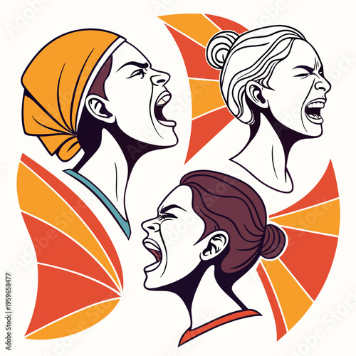 Three female profiles screaming in anger with dynamic orange ray backgrounds symbolizing powerful female voices and social protest or internal conflict