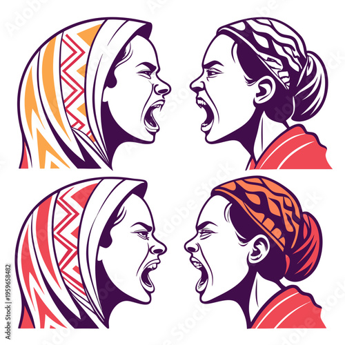 Two women in profile facing each other shouting. Both wearing headscarves with different patterns and colors. Confrontation.