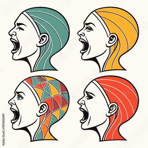 Four profile faces shouting. Different colored stylized hair and patterned headwear on stylized heads. Anger and frustration.