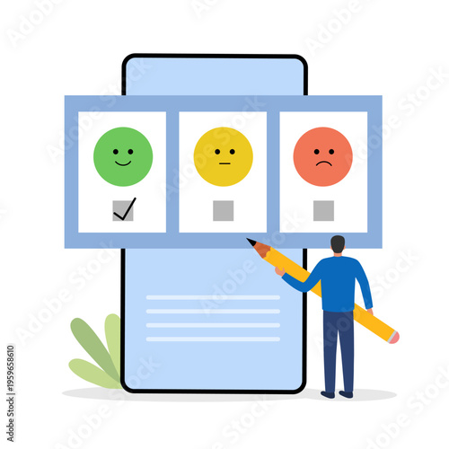 Vector art of customer feedback and review concept people giving star ratings, writing testimonials, and using AI chatbots to collect and analyze customer opinions in a modern outline style