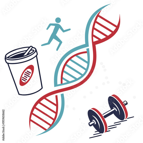 Genetic influence on athletic performance and coffee consumption, dna helix intertwined with running figure, coffee cup, and dumbbell on white background