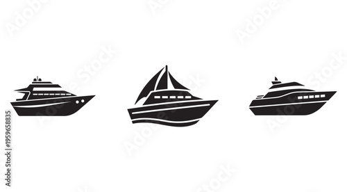 Three black silhouettes of modern cruise ships and a sailboat on white background  sea transportation vessels  luxury yachts and sailboats