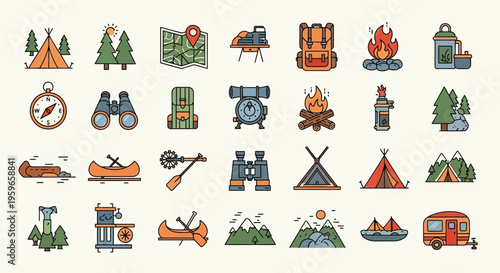 Outdoor Camping and Hiking Adventure Icon Set; Flat Line Illustration of Wilderness Travel, Mountains, Tents, Campfire, and Backpacking Gear