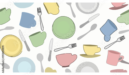 Hand drawn tableware seamless pattern kitchen utensils vector design