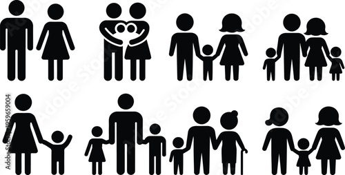 Diverse family structures illustrated with black and white icons
