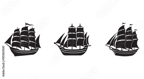 Three black silhouettes of old sailing ships with multiple masts and sails side by side on white background  ships have flags flying