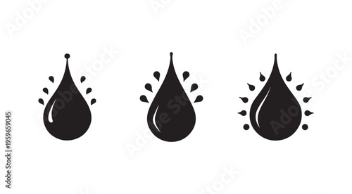 Three black teardrop shapes with smaller droplets around them on white background  simple liquid splash icons