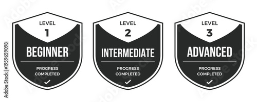 Set of Progress badge collection. Level 1, 2, and 3. Begginer, intermediate, advanced.