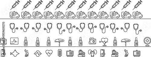 Medical icons collection, healthcare symbols, syringe, ambulance, stethoscope, diagnostic tools, hospital equipment, emergency, medicine, treatment
