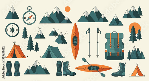 Flat Vector Outdoor Adventure and Camping Gear Icon Set featuring Mountains, Tents, Backpack, Hiking Boots, and Kayaks for Nature Exploration and Travel Design